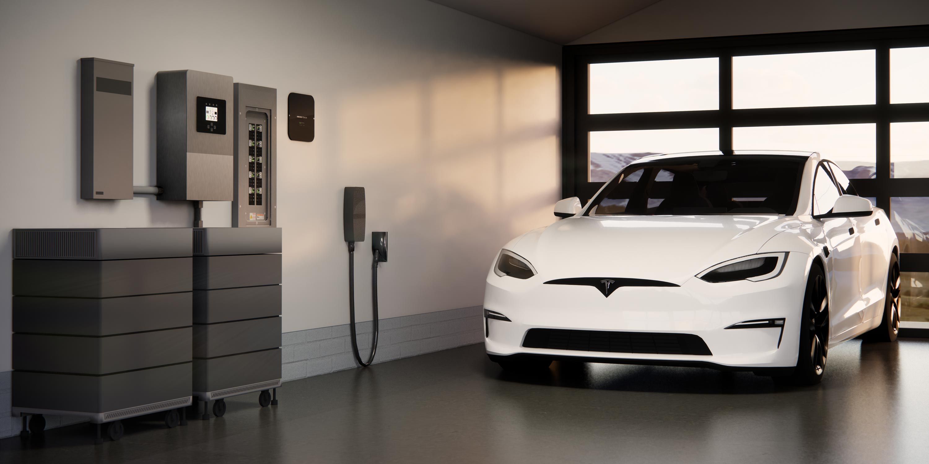 savant technology in a garage with a tesla